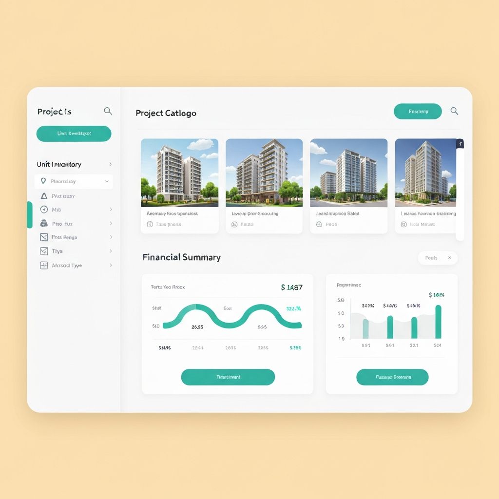 Developer Hub dashboard showing project catalog, unit inventory, and financial overview